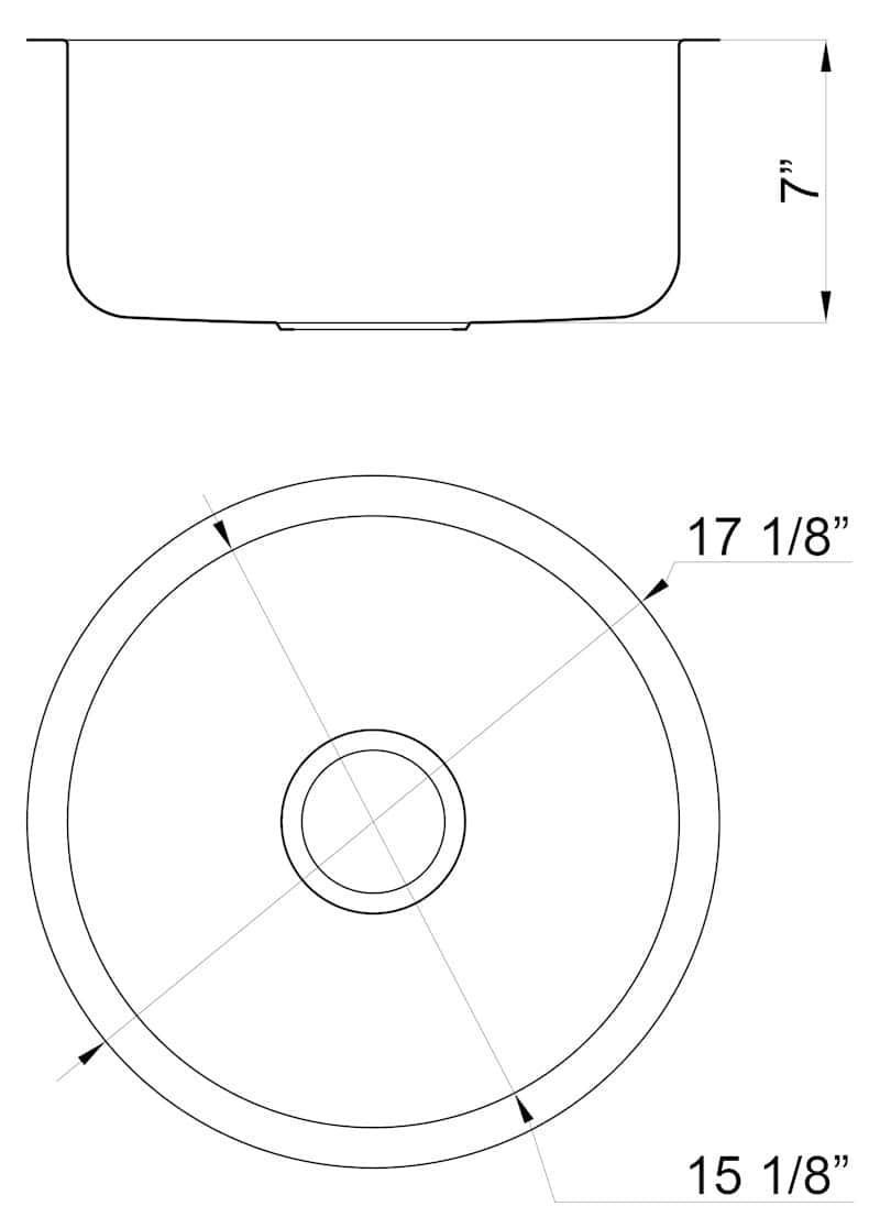 Top view and side profile of a stainless steel kitchen sink with dimensions.