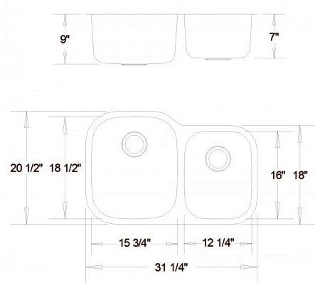 Detailed diagram of a double-basin stainless steel kitchen sink with measurements.