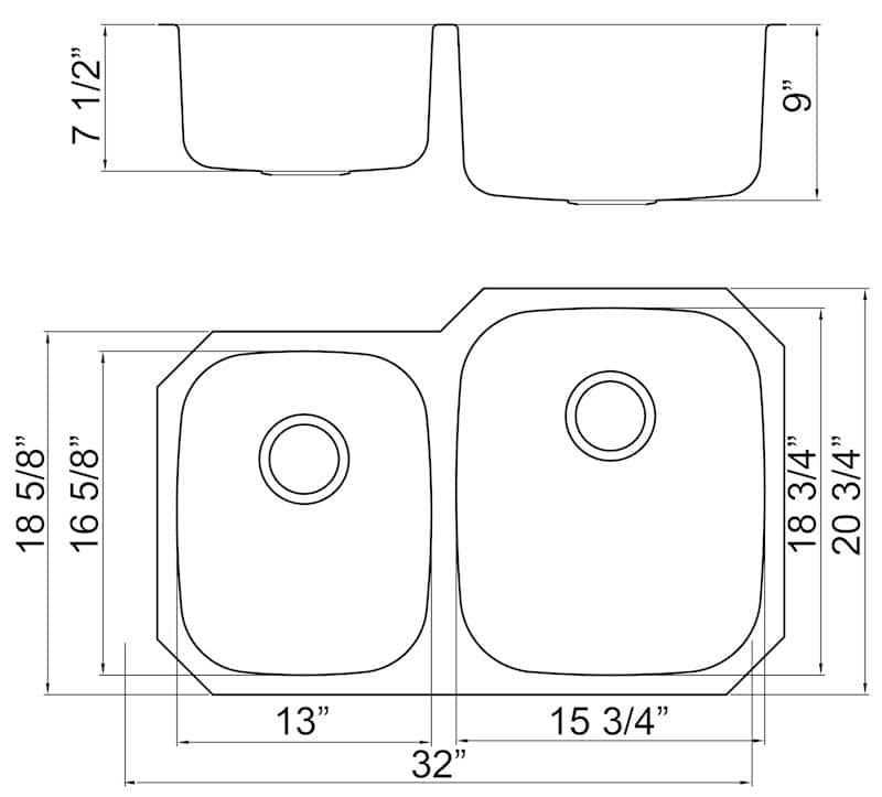 Double bowl stainless steel kitchen sink with dimensions and drain holes.