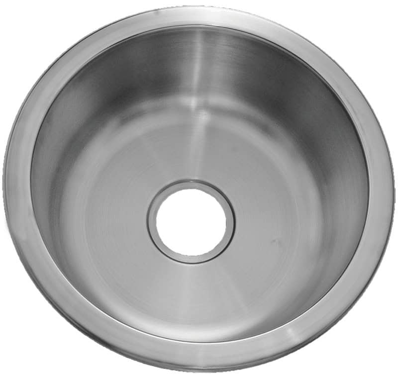 Round stainless steel kitchen sink basin with smooth finish and central drain hole.