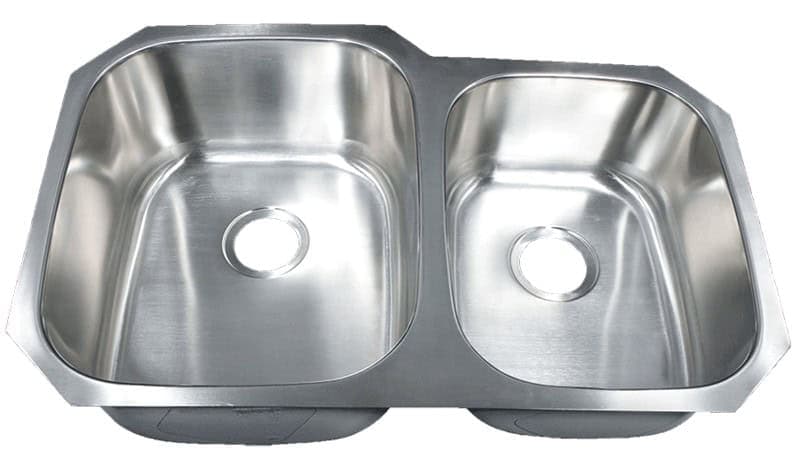 Stainless steel double kitchen sink with two basins and drain holes.