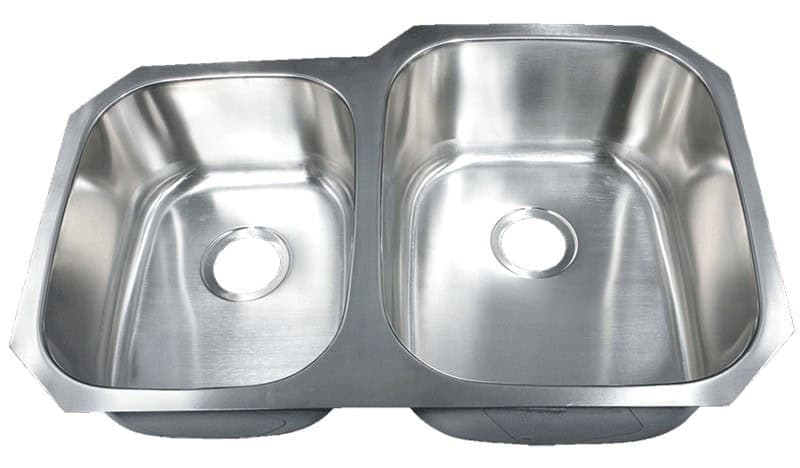 Stainless steel double kitchen sink with two basins and drain holes.