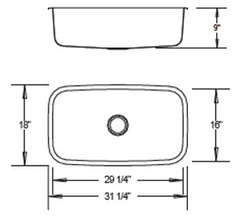 Diagram of a stainless steel kitchen sink with measurements 29 1/4" x 18" and 16" depth.
