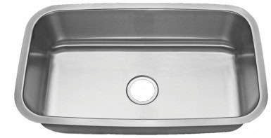 Stainless steel kitchen sink with a drain hole and smooth finish.