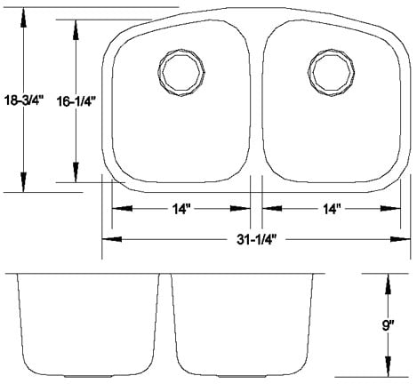 Technical drawing of a stainless steel double kitchen sink with dimensions.