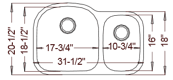 Diagram of a stainless steel kitchen sink with dimensions and two basins.