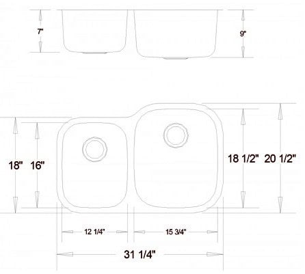 Technical drawing of a stainless steel double kitchen sink with dimensions.
