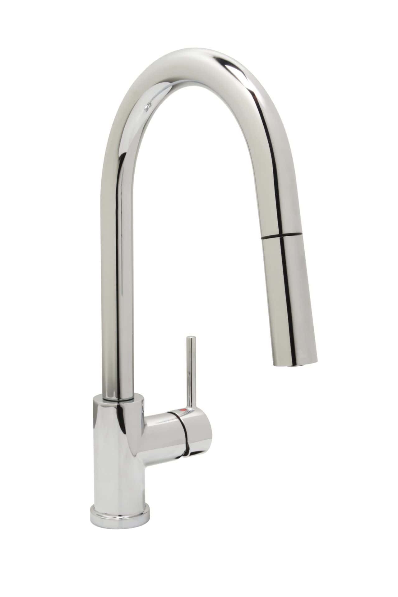 Modern stainless steel kitchen faucet with high arc spout and single handle.