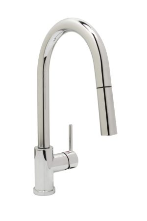 Modern stainless steel kitchen faucet with high arc spout and single handle.