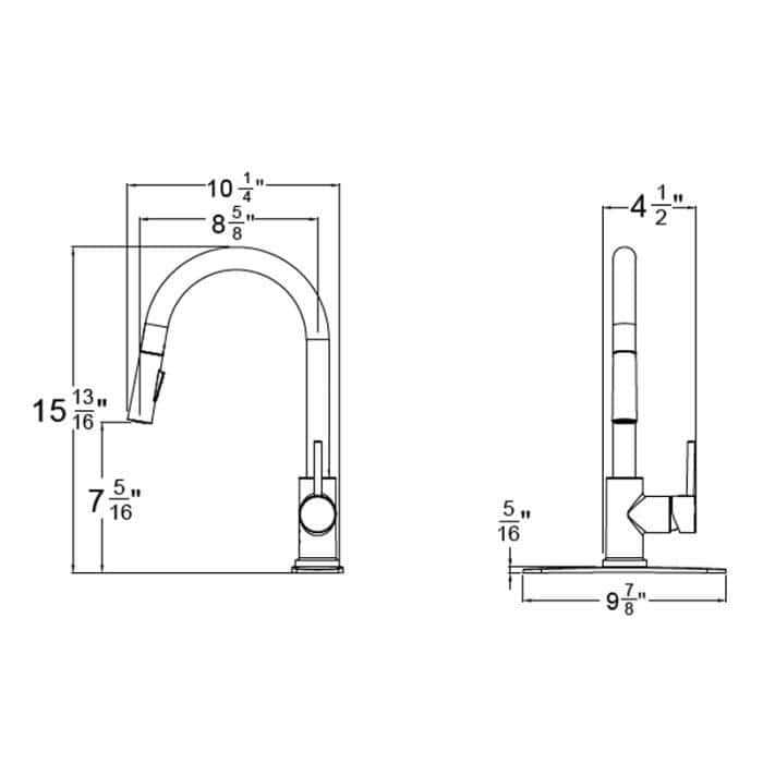 Detailed technical drawing of a stainless steel kitchen faucet with measurements.