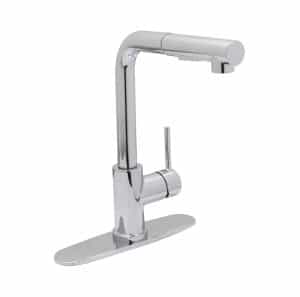 Modern stainless steel kitchen faucet with pull-out spray for sinks.