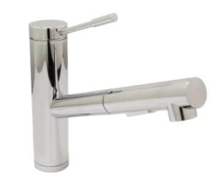 Modern stainless steel kitchen faucet with sleek design and single handle.