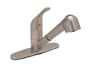 Modern stainless steel kitchen faucet with single handle and pull-out sprayer.