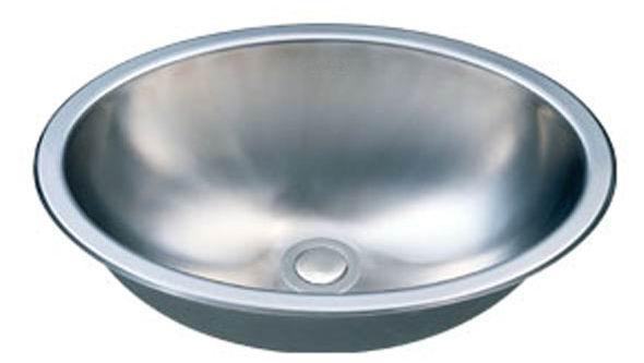 Stainless steel round kitchen sink with smooth finish and drain hole.