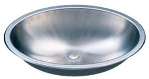Stainless steel kitchen sink with smooth, shiny surface and rounded edges.