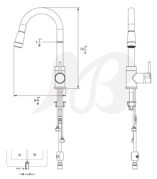 Technical drawing of a stainless steel kitchen faucet with dimensions and installation details.