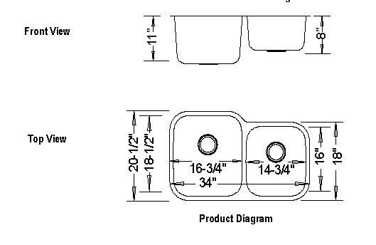 Double bowl stainless steel kitchen sink with detailed dimensions.