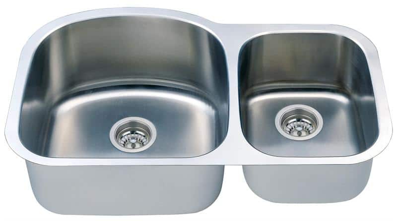 Stainless steel double kitchen sink with two basins and drain fittings.