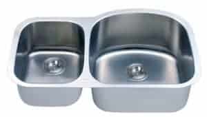 Stainless steel double kitchen sink with two basins and drain openings.
