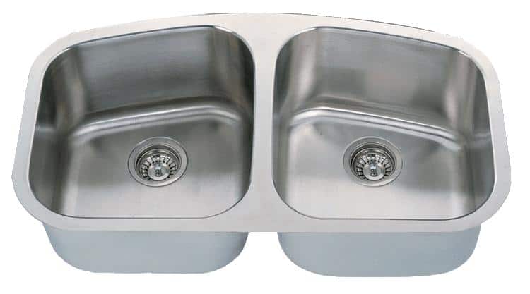 Stainless steel double kitchen sink with two basins and drain openings.