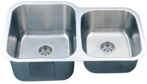 Stainless steel double kitchen sink with two basins and drain openings.