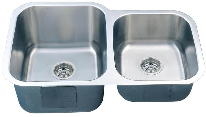 Stainless steel double kitchen sink with two basins and drain openings.