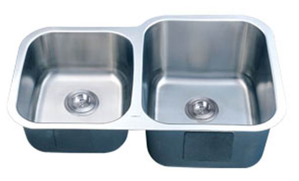 Stainless steel double kitchen sink with two basins and drain openings.