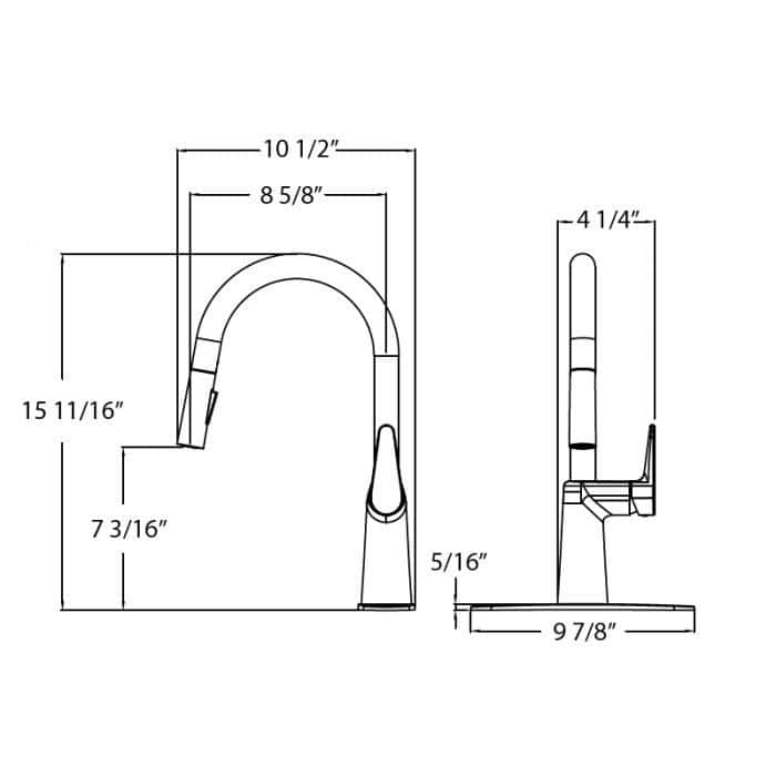 Detailed technical drawing of a stainless steel kitchen faucet with measurements.