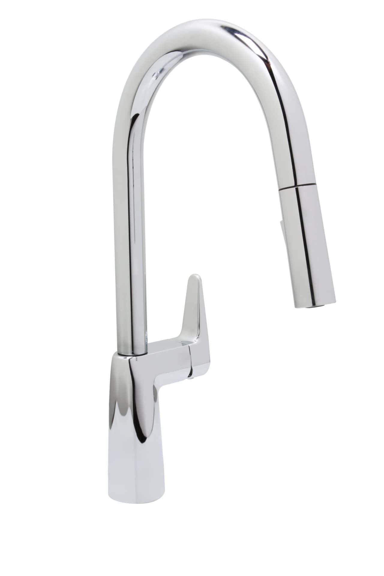 Chrome kitchen faucet with high-arc spout and single handle for easy control.
