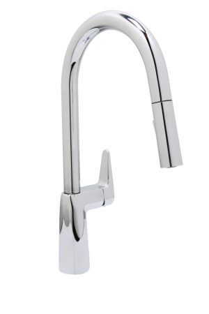 Chrome kitchen faucet with high-arc spout and single handle for easy control.