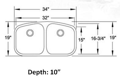 Double bowl stainless steel kitchen sink with dimensions and drain placements.