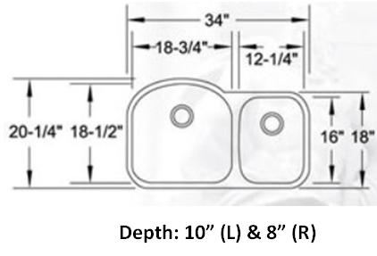 Double bowl stainless steel kitchen sink with detailed measurements.