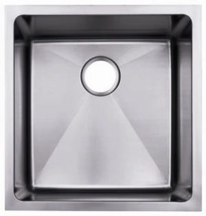 Undermount stainless steel single bowl sink with near-zero radius edges, 15 gauge construction, idea.