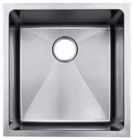 Undermount stainless steel single bowl sink with near-zero radius edges, 15 gauge construction, idea.