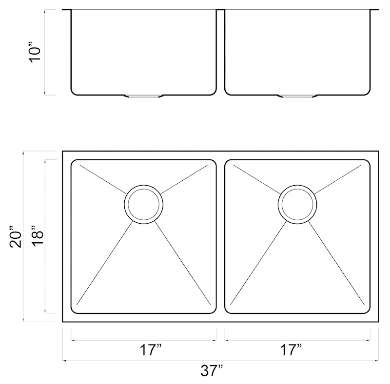 Double bowl stainless steel kitchen sink with dimensions and drain holes.