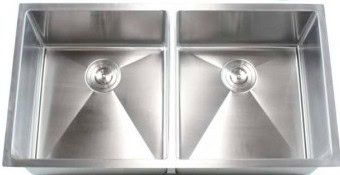 Stainless steel double kitchen sink with two basins and drain holes.