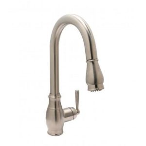 Stainless steel kitchen faucet with high-arc spout and single handle.