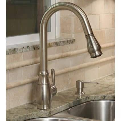 Stainless steel kitchen faucet with high-arc spout and single handle.