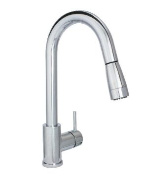 Modern stainless steel kitchen faucet with high arc spout and single handle.