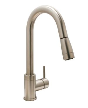 Stainless steel kitchen faucet with high-arc spout and single handle.