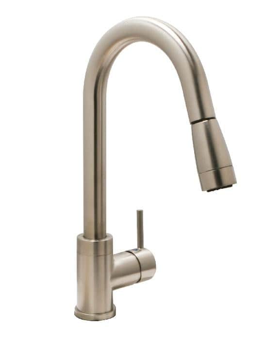 Stainless steel kitchen faucet with high-arc spout and single handle.