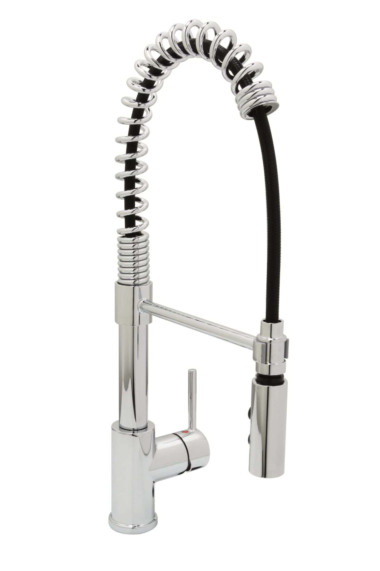 Modern stainless steel kitchen faucet with flexible pull-down spray.