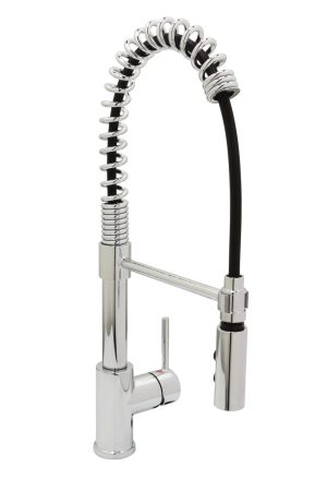 Modern stainless steel kitchen faucet with flexible pull-down spray.