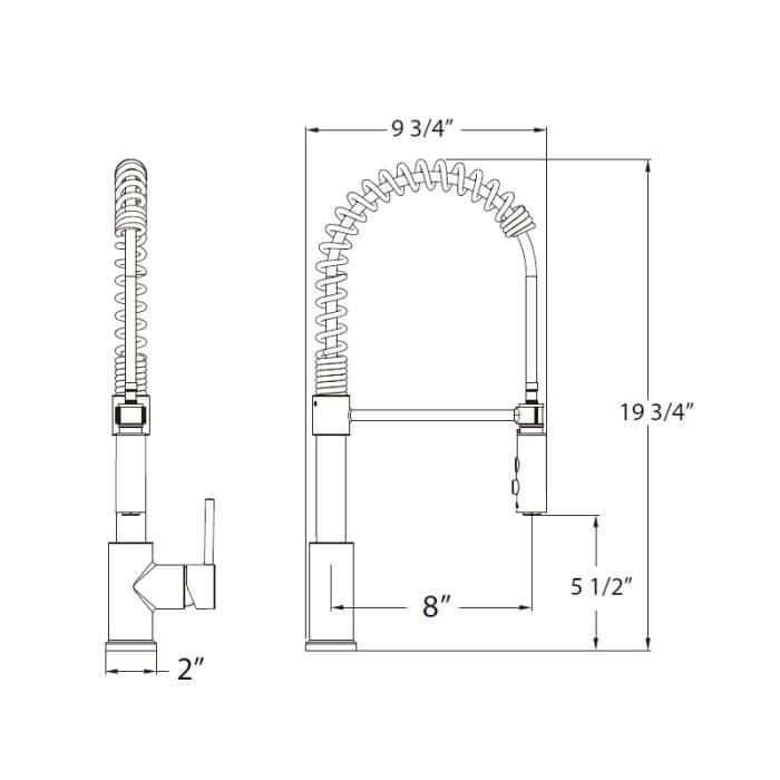 Technical drawing of a stainless steel kitchen sink faucet with dimensions.