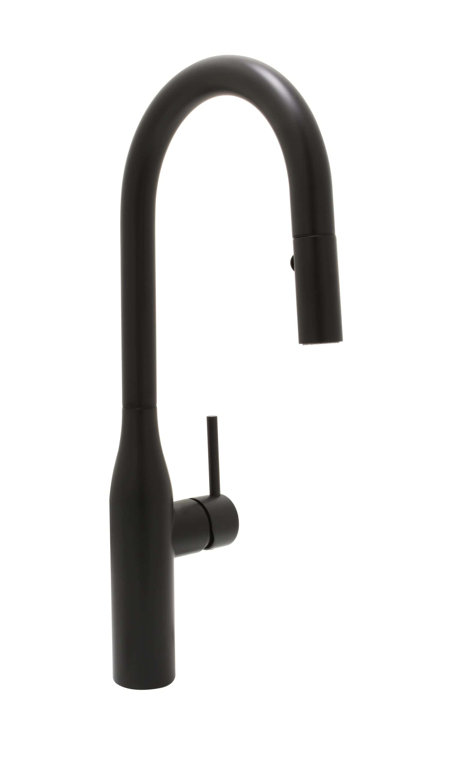 Black kitchen faucet with high-arc spout for stainless steel sinks.