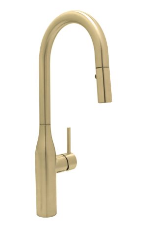 Brushed gold kitchen faucet with high-arc spout and single handle.