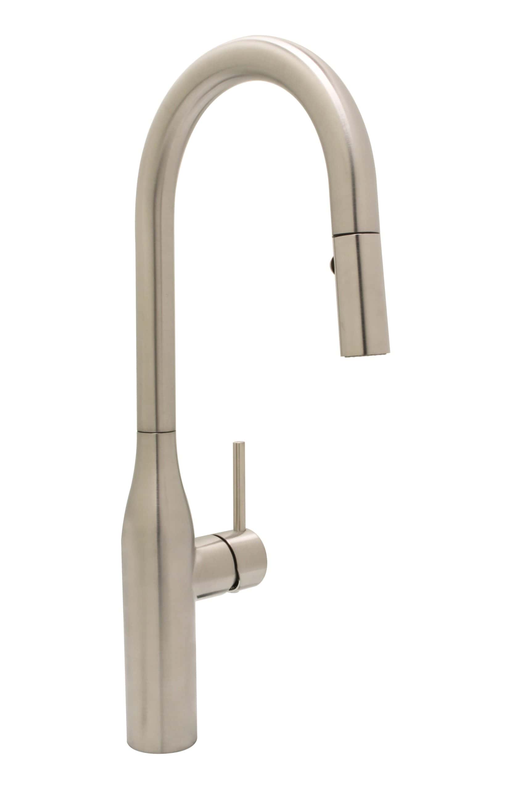 Stainless steel kitchen faucet with high-arc spout and single handle.