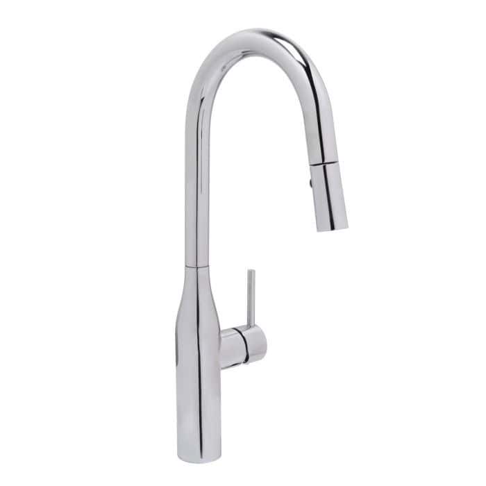 Modern stainless steel kitchen faucet with high-arc spout and single handle.