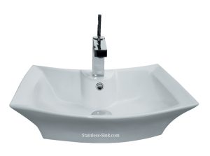 Contemporary white stainless steel bathroom sink with faucet.