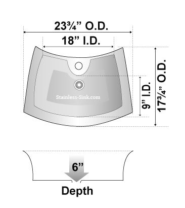 Top view of a stainless steel sink with detailed measurements and depth.